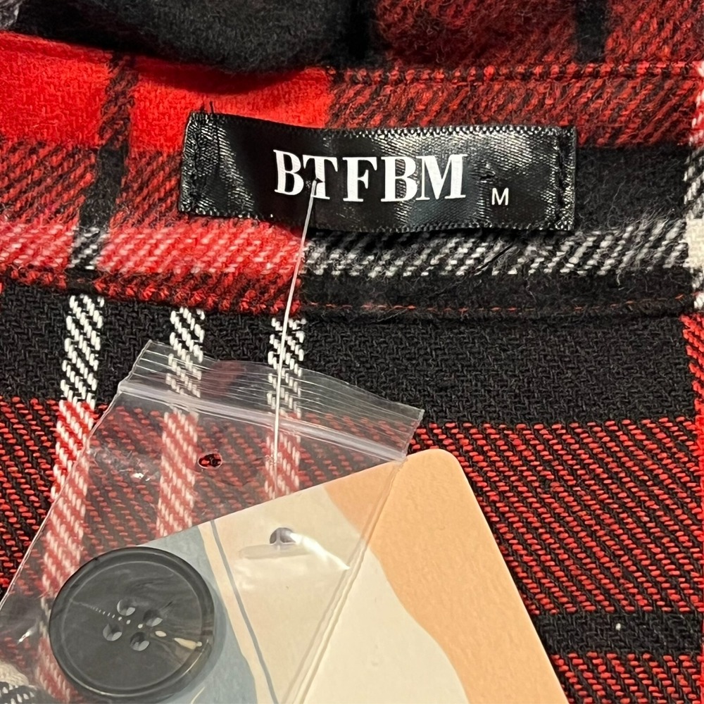BTFBM Flannel Red Black Button Up Long Sleeve Plaid Check Women's M‎ NWT - Picture 7 of 14